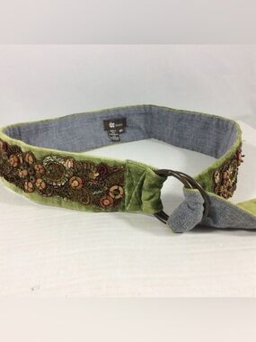 Ibisco Embroidered Beaded Green Fabric Belt with Double Ring Closure, Size M/L